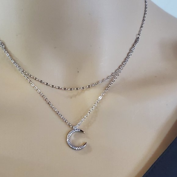 925 Silver Double Necklace Topaz Moon Pendant - Very Dainty - Picture 4 of 9